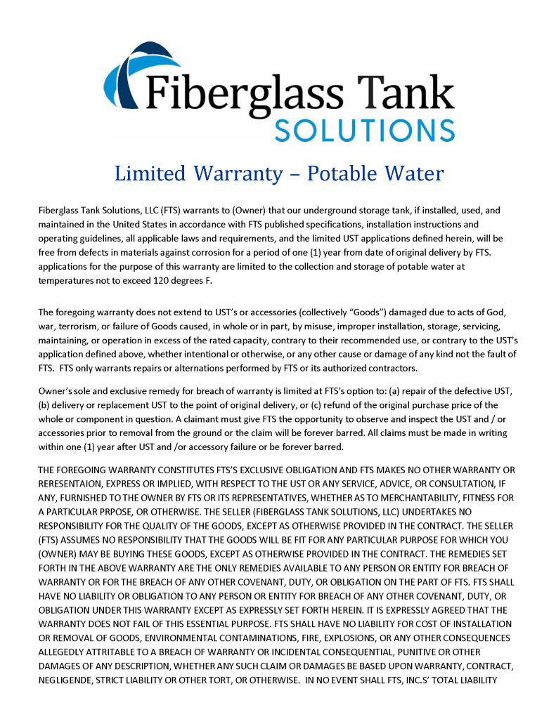 1 Year Warranty for Potable Water Tanks