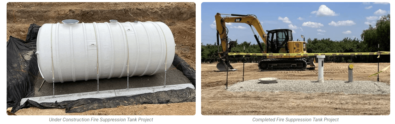 Side-by-side images of an underground fire suppression tank installation, showing the tank under construction and the completed site with safety markers and backfill