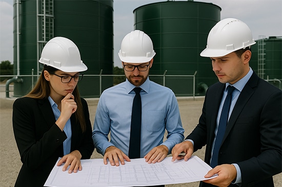 A team of engineers and architects collaborating on steel tank project plans, demonstrating a strategic partnership for industrial design and integration.